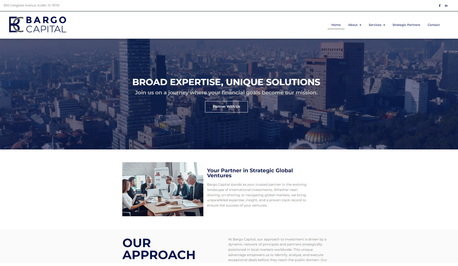 Custom WordPress Website Design: Bargo Capital Investment website landing page with hero image.